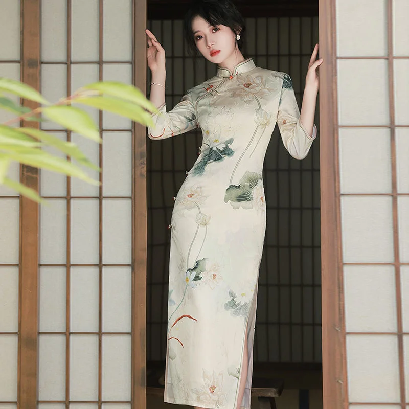 Весеннее узкое длинное китайское платье Cheongsam для женщин модного стиля Кипао национального традиционного Робе Ориентале Девочка Вестидо Чино.