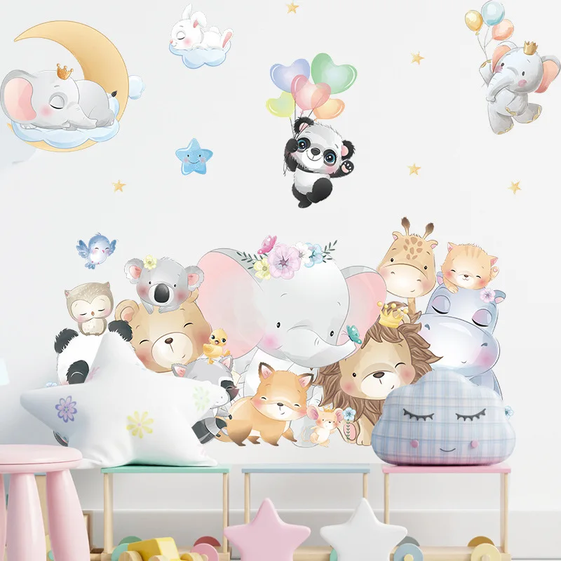 

Nordic Cartoon Animals Wall Stickers for Kids Rooms Girls Baby Room Bedroom Decoration Nursery Wallpaper Elephant Panda Giraffe