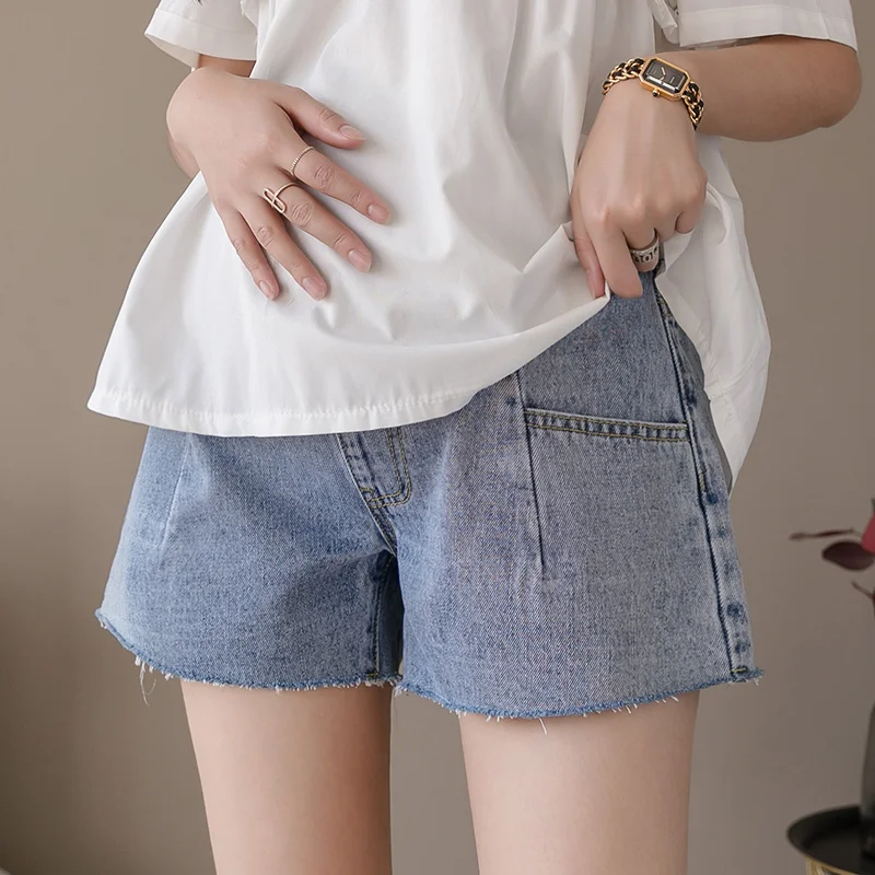 

8862# Summer Casual Denim Maternity Shorts Wide Leg Loose Straight Pocket Belly Short Jeans Clothes for Pregnant Women Pregnancy