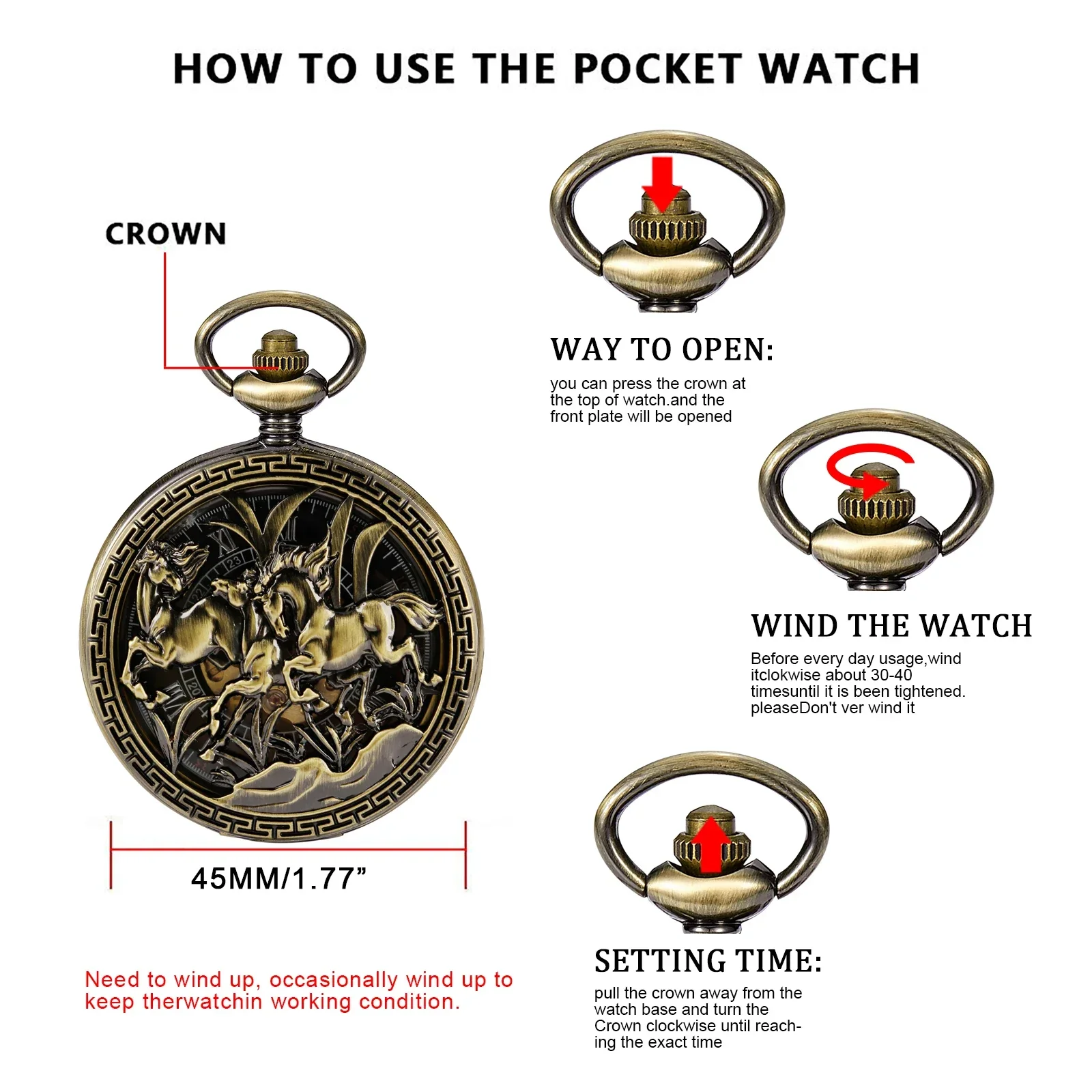 Ретро Pentium Horse Красивые механические карманные часы Персонализированные