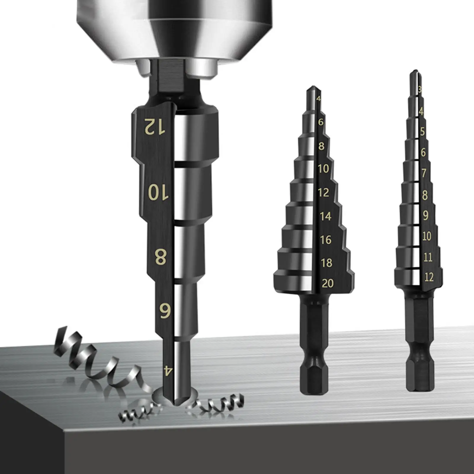 

3PCS 3-12/4-12/4-20mm HSS Nitride Coated Step Drill Bits Wood/Metal Hole Opener Cutter Drill Spiral Groove Step Drill Bit Set