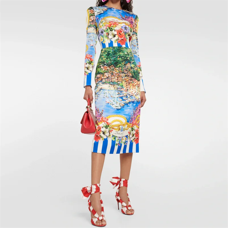 

Elegant Party Dresses For Women 2023 Summer New Korean Fashion Print Silk Long Dresses High Auality Round Neck Long Sleeved Top