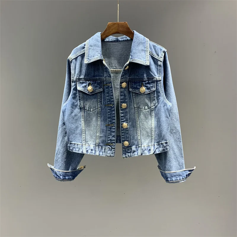 Весенне-осенняя винтажная синяя тонкая короткая джинсовая куртка женская