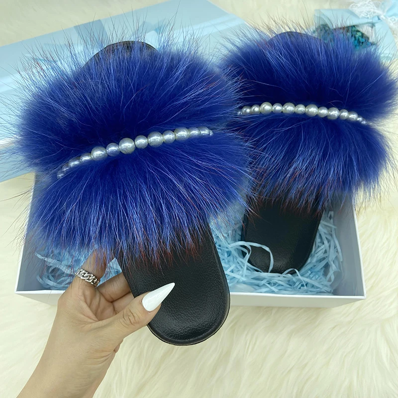 Шлепанцы Женские Летние Пушистые Натуральный Мех Тапочки 2022 Жемчужная Цепочка