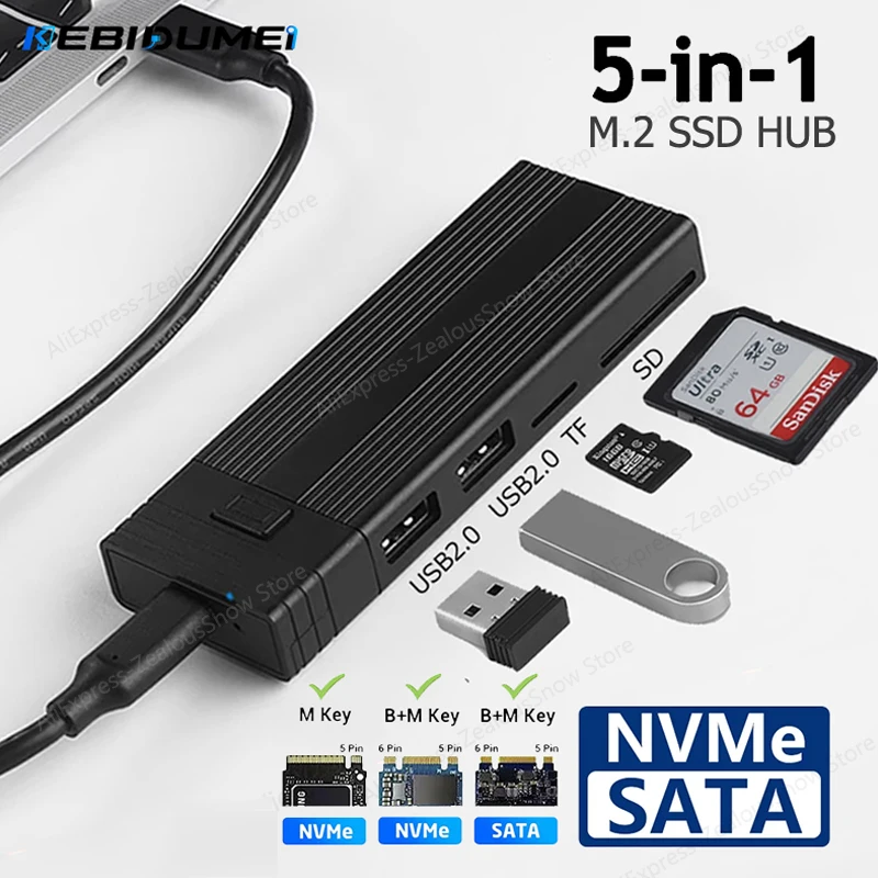 Фото KEBIDUMEI M.2 NVMe NGFF SATA SSD-корпус с USB-C хабом 5-в-1, док-станция Type-C с функцией хранения дисков, кардридер SD/TF для ПК №1