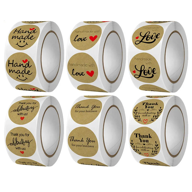 

50-500pcs 1Inch Handmade Kraft Paper Stickers With Love Round Gift Thank You Stickers for Baking Business Sealing Label Stickers
