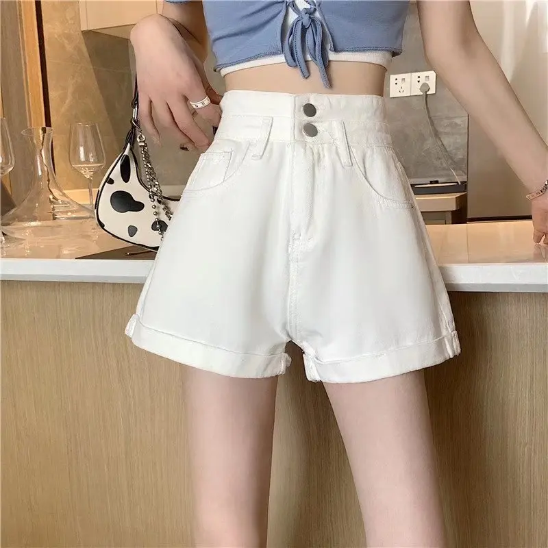 Sexy Denim Shorts For Women 2023 Summer New High Waisted Loose Shorts Double Button Cotton Shorts White Wide Leg Hot Pants S-5XL