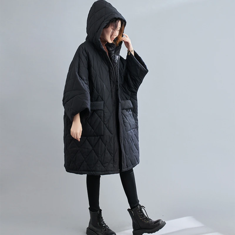 2023 Autumn and Winter Style Literary Long-sleeved Women's Loose Solid Color Mid-length Quilted Thick Hooded Cotton-padded Coat