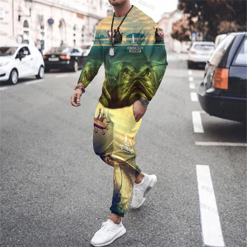New Bass Fishing T-Shirt Long Sleeve Sweatshirt Print Crew Neck Outdoor Fishing Vacation Fun Sports Streetwear Pant Set