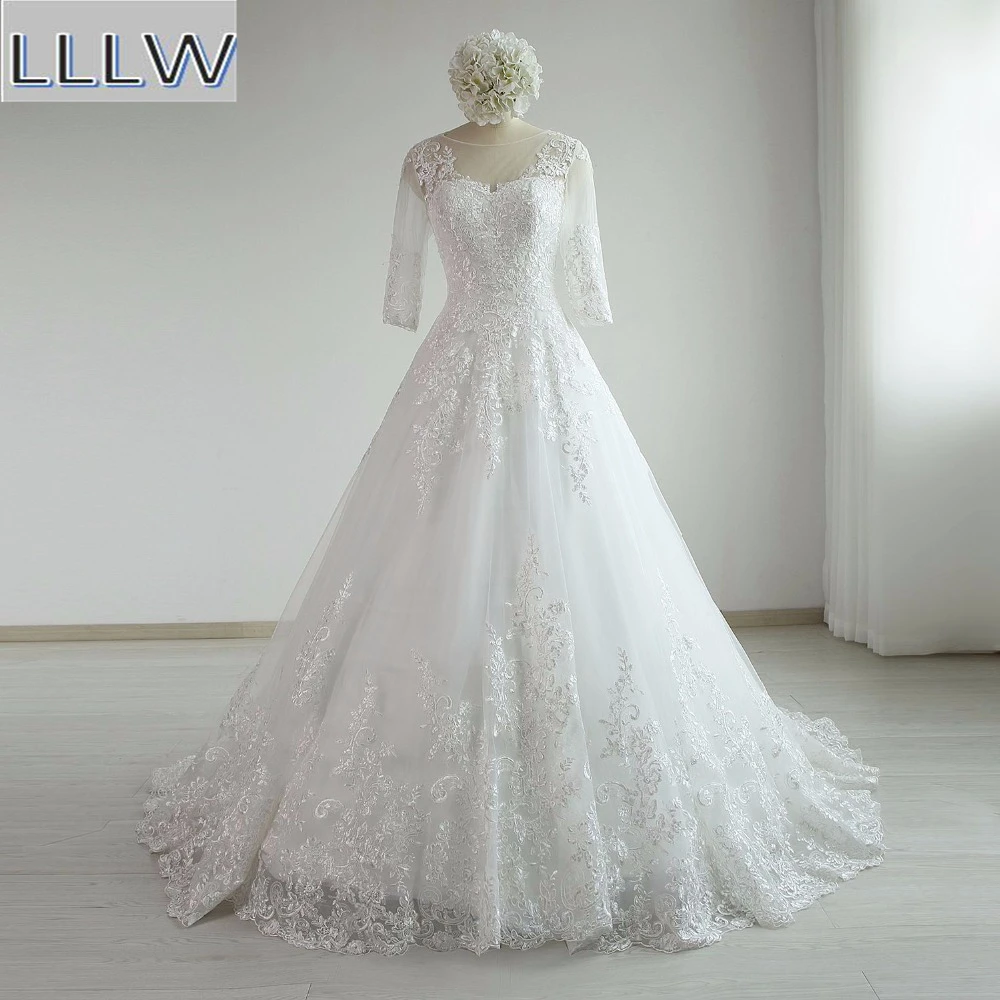 

Luxurious Lace Tulle Half Sleeves A-Line Wedding Dresses Chapel Train Custom Made Floor-Length Bridal Gowns
