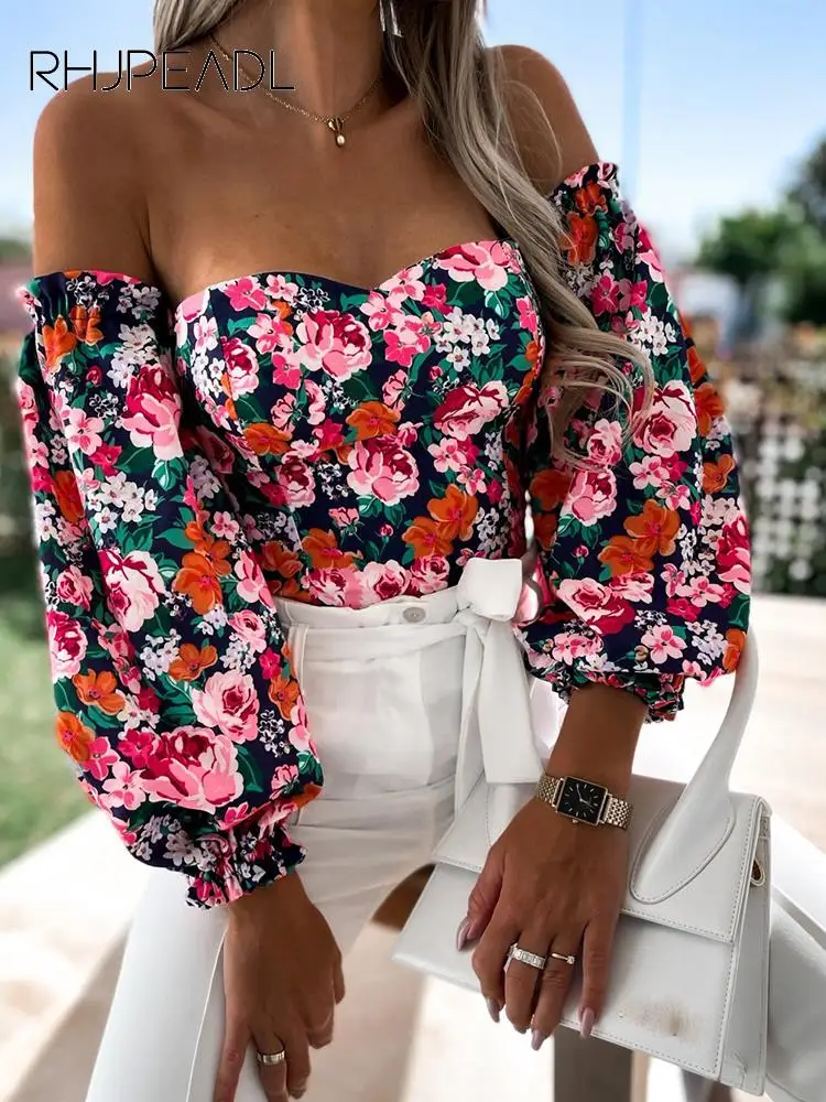 

Sexy Off The Shoulder Tube Top Women's Blouse Fashion Slash Neck Long Sleeve Slim Floral Shirt Tops 2022 Summer Party Blouses