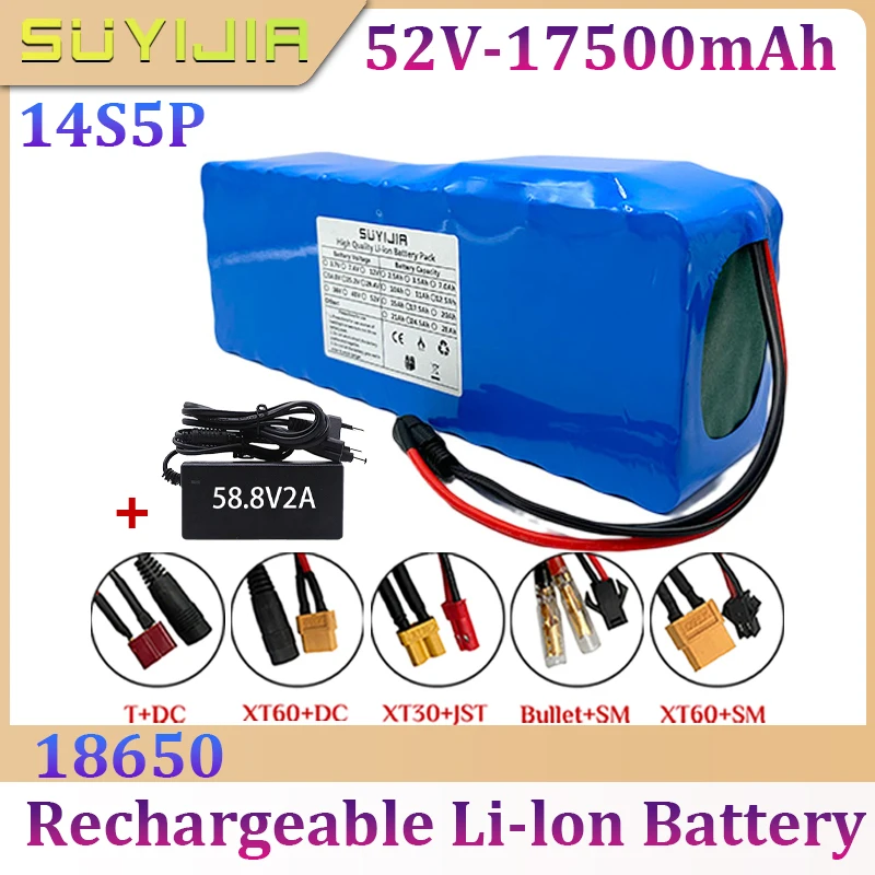 

14S5P 18650 Lithium Batteries Pack 52V 17500mah Built-in Smart BMS for E-Bike Unicycle Scooter Wheel Chair with 58.8V 2A Charger
