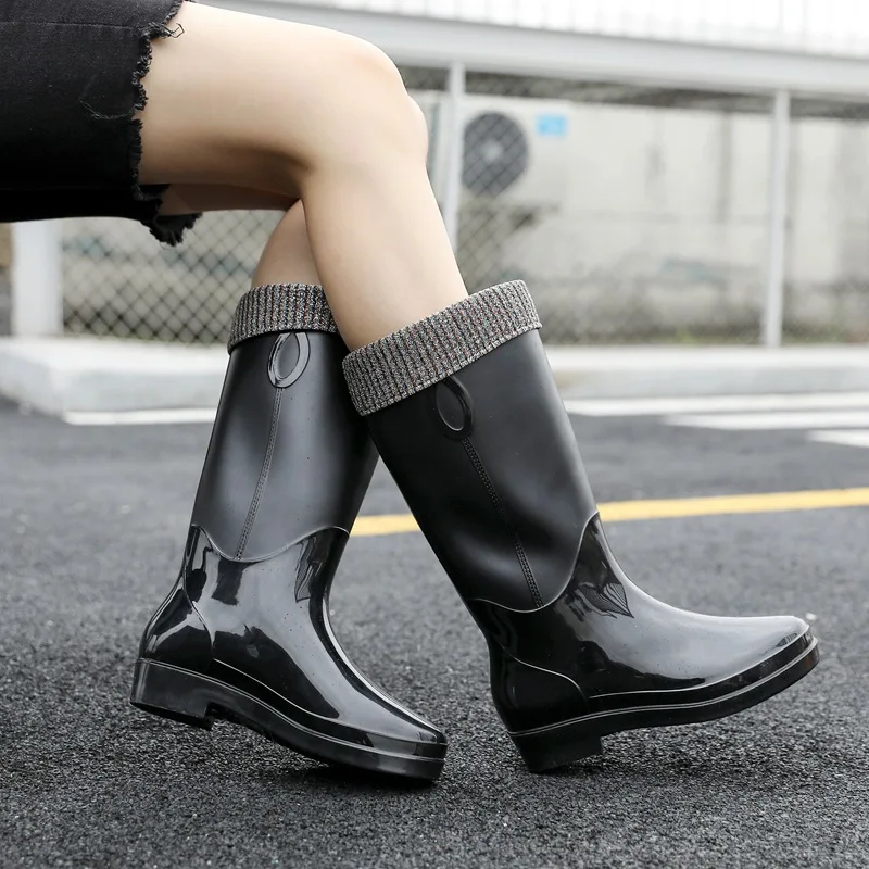 New Fashion Platform Mid-Calf Rain Boots Women's Warm Water Boots Female Jelly Bottom Non-Slip Waterproof PVC Shoes