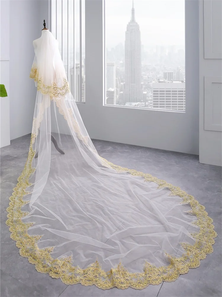 

Фата свадебная двухслойная с золотистой аппликацией, элегантный аксессуар для невесты, Роскошный чехол для лица, с расческой
