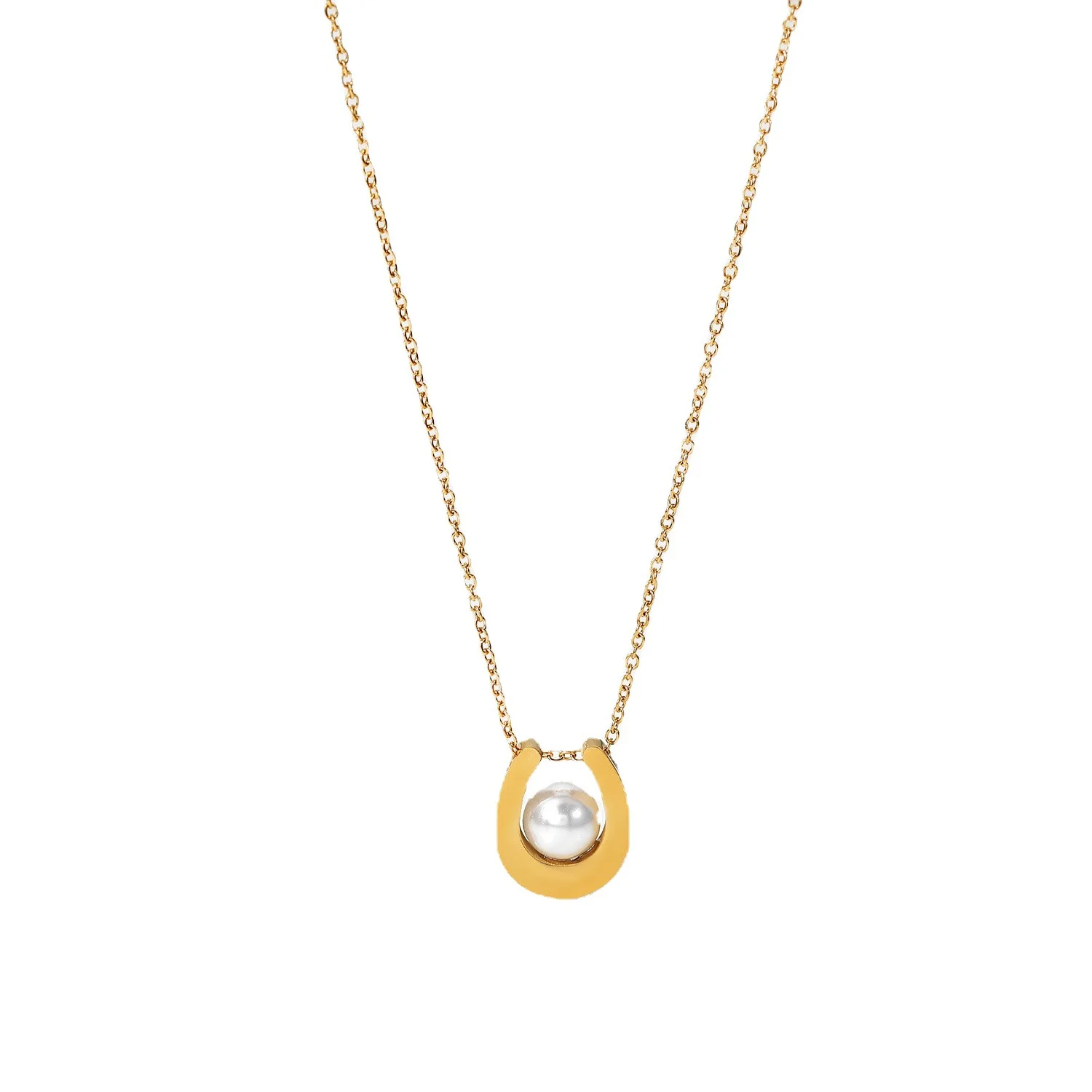 

Stainless Steel PVD 18K Gold Plated Tarnish Waterproof Pearl Inlay U Pendant Necklace For Woman Jewelry Wholesale Trendy