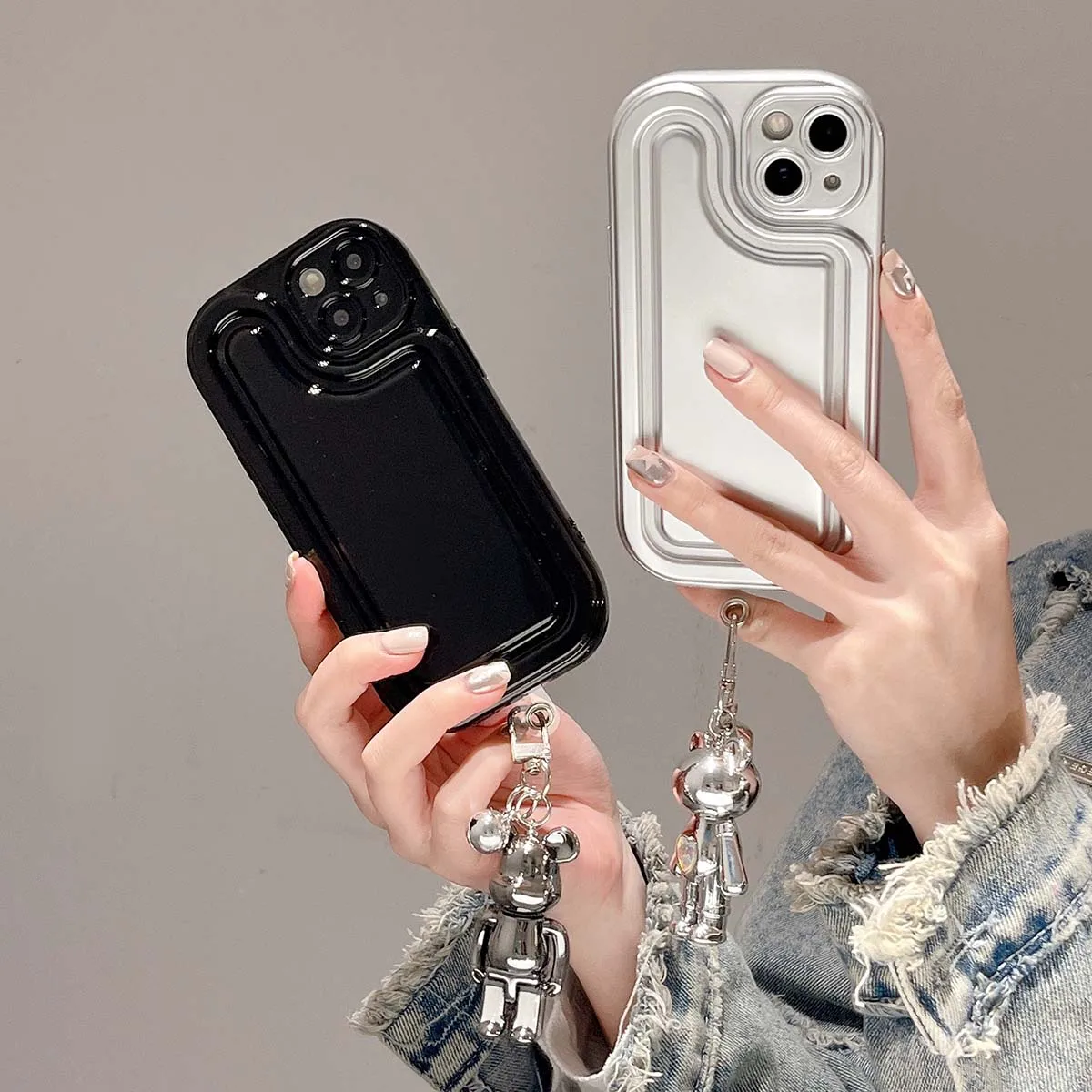 

Glossy Solid Color Air Cushion Silicone Soft Back Covers For iPhone 14 13 12 11 Pro Max With Bear Pendant Shockproof Phone Case