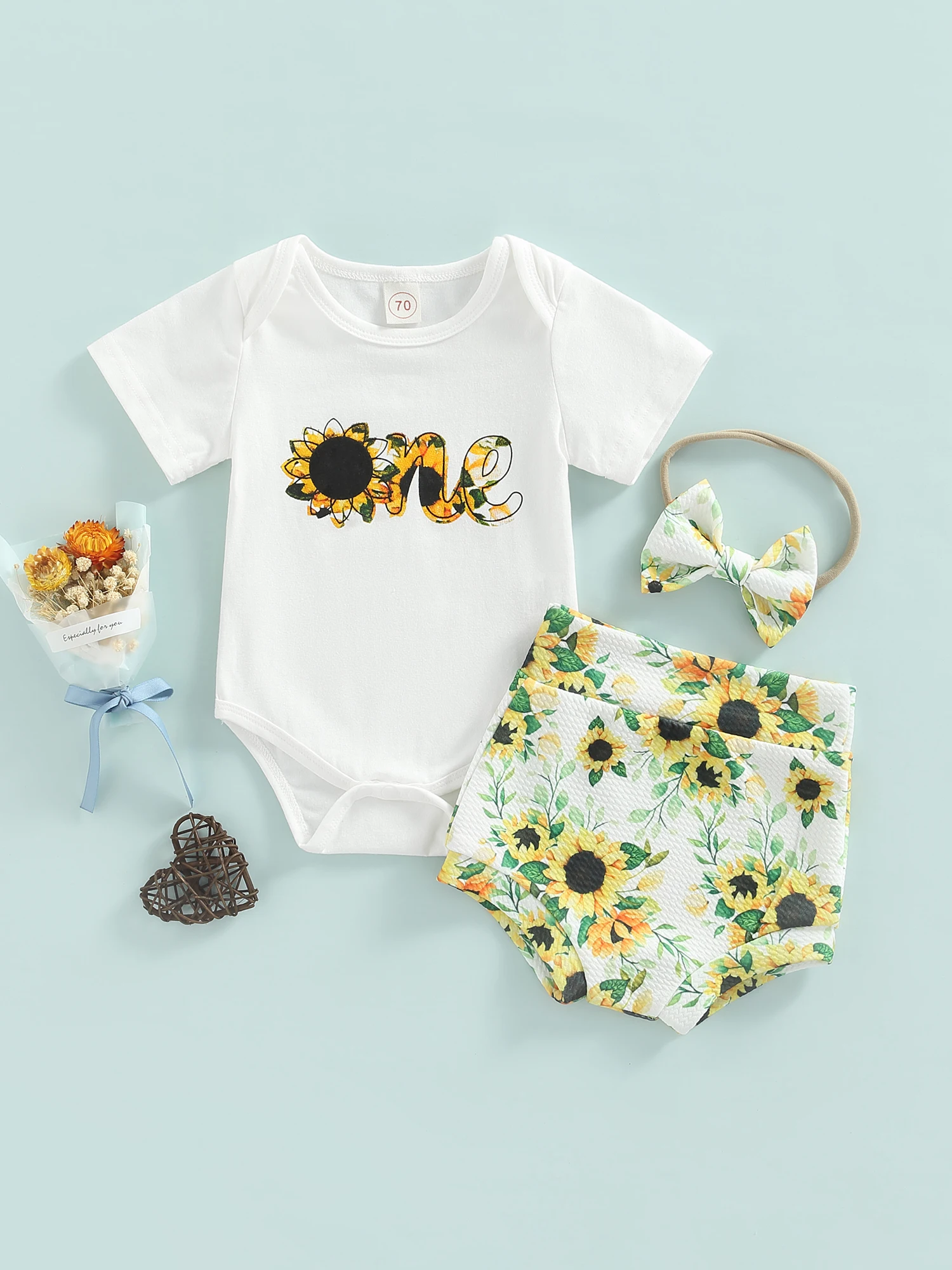 

3 шт., Детский комбинезон с коротким рукавом, с принтом подсолнуха/Солнца