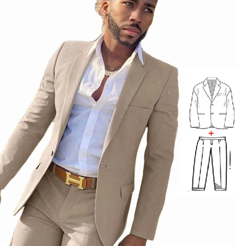 Latest Slim Fit Gentlemen Suits for Men 2 Piece Beige Wedding Groom Tuxedo Male Fashion Smoking Costume Jacket with Pants 2023