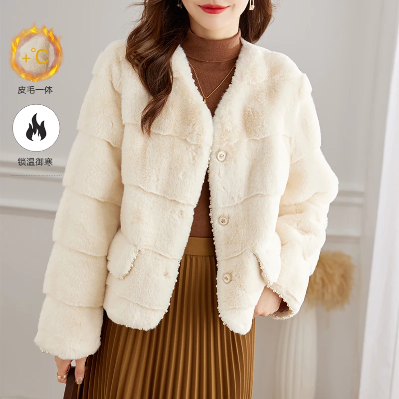 Vimly Winter Short Faux Ermine Fur Coat Jacket Women 2022 Elegant Luxury Loose Long Sleeve Thick Warm Fur Jacket with Pearls