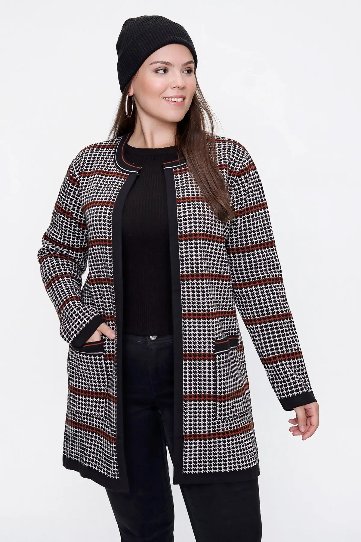 

Women's Cardigan Crowbar pattern Large Size Lycra Acrylic sportswear Tile With Pocket Casual Fashion Sweaters