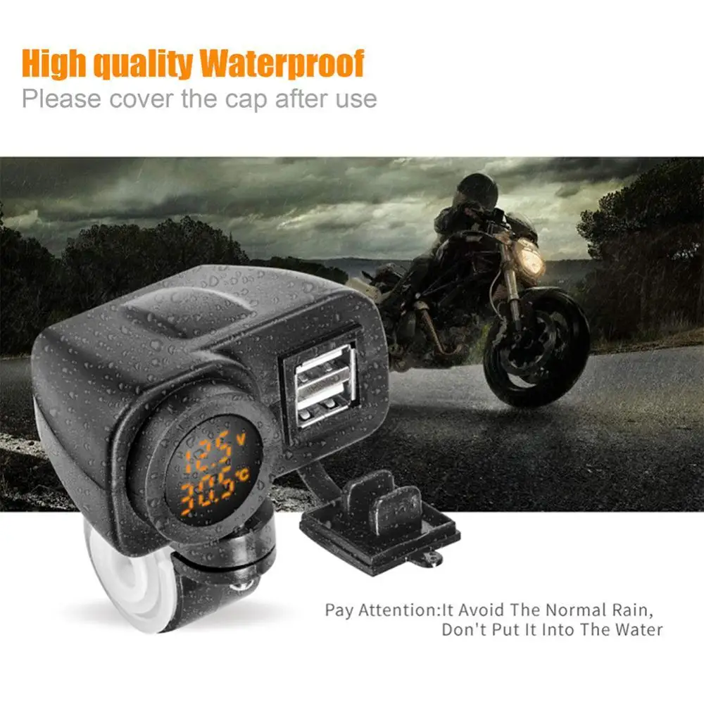 

Digital Display Motorcycle Dual USB Charger Voltmeter Thermometer for Cell Phone