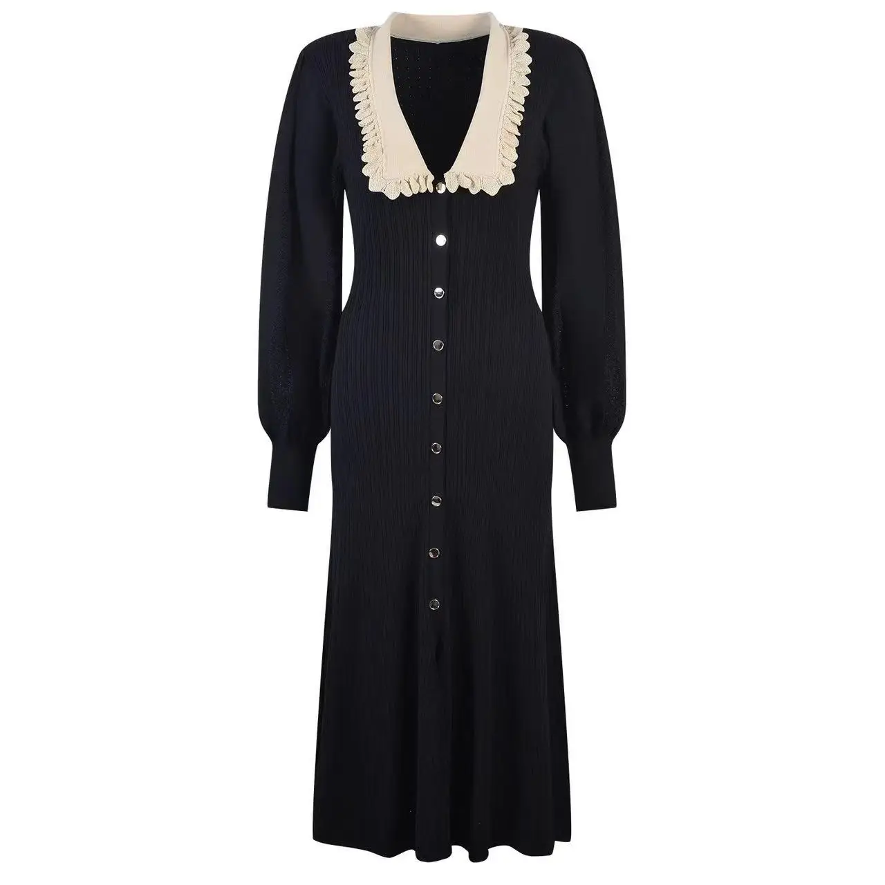 Женское трикотажное платье-свитер с рукавами-фонариками и кукольным воротником