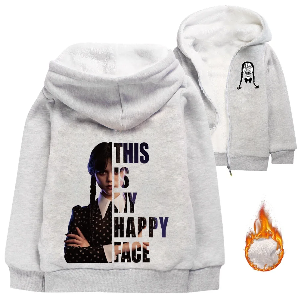 

Wednesday Addams 3-15Y Winter Hoodies Kids Jacket with Zipper Wool Liner Boys Coat Thicken Hooded Fur Baby Girl Outwear