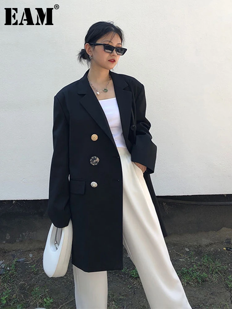 

[EAM] Women Black Button Split Big Size Blazer New Lapel Long Sleeve Loose Fit Jacket Fashion Tide Spring Autumn 2022 1DA496
