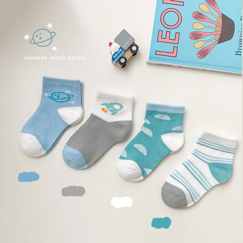 

4 pairs/sets of new spring and summer newborn boys and girls socks pure cotton baby casual cartoon toddler 1-5 years old