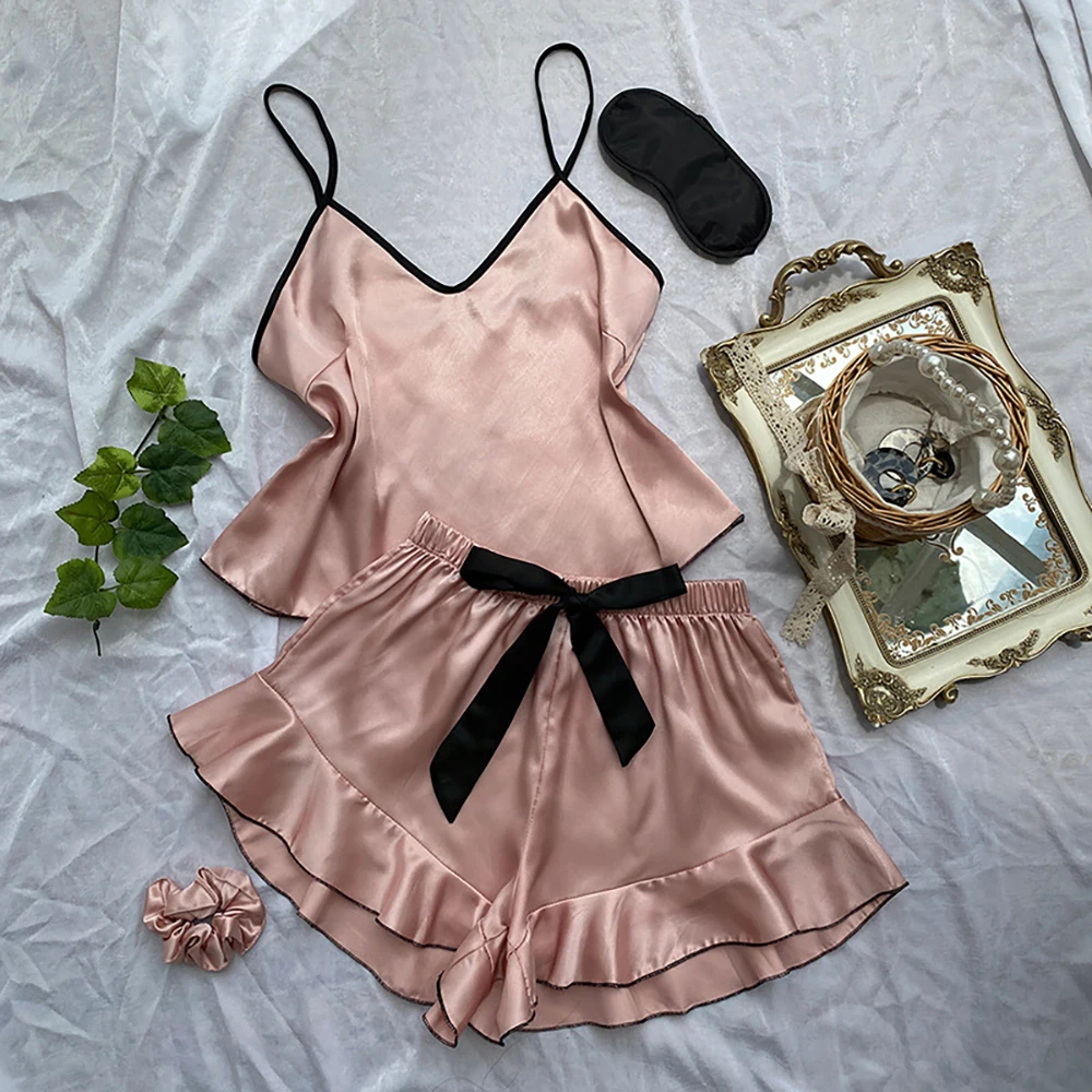 Sexy Pajama Suit V-Neck Suspender and Bownot Ruffle Shorts 2 Pieces Set Summer Satin Ice Silk Pajamas Home Clothes