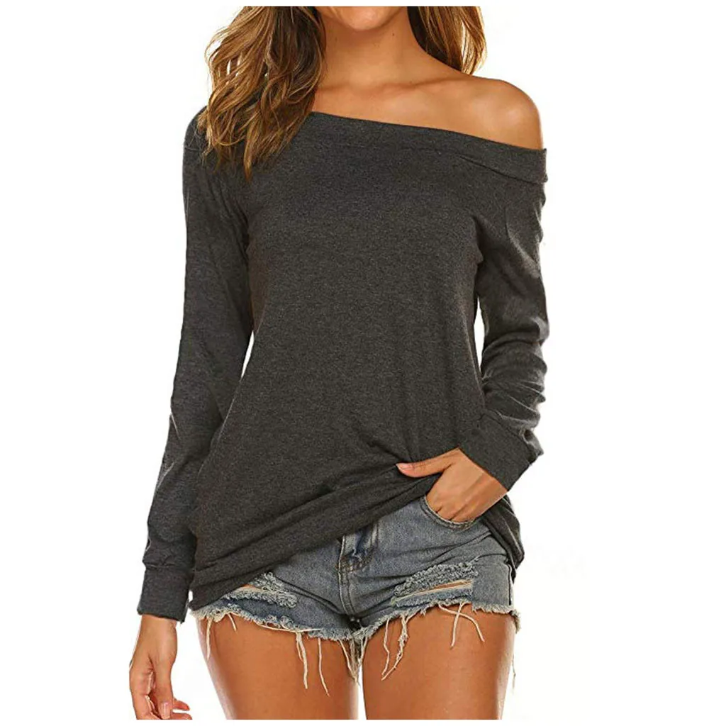 

Spring Autumn Korean Fashion T Shirt Women Off Shoulder Tshirt Long Sleeve Tees Tops Solid Color T-shirts Streetwear Ropa Mujer