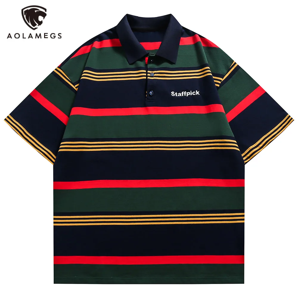 

Aolamegs Men's Polo Shirts Letter Embroidery Hit Color Striped Short Sleeve Tees Casual Soft Vitality High Street Men's Clothing