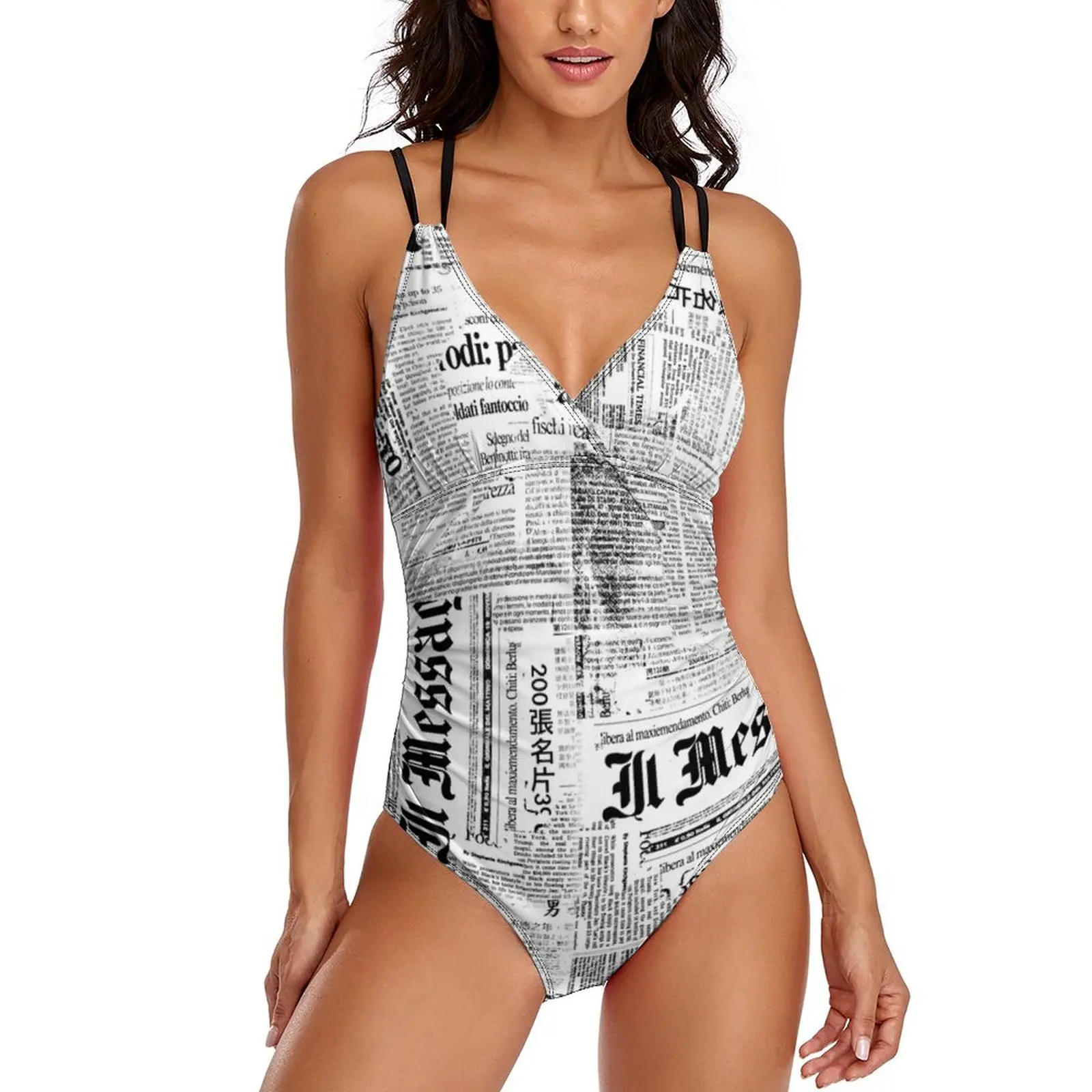 

Купальник в стиле гранж-газета, черно-белый купальник, Цельный боди, женский сексуальный купальный костюм с эффектом пуш-ап в эстетике