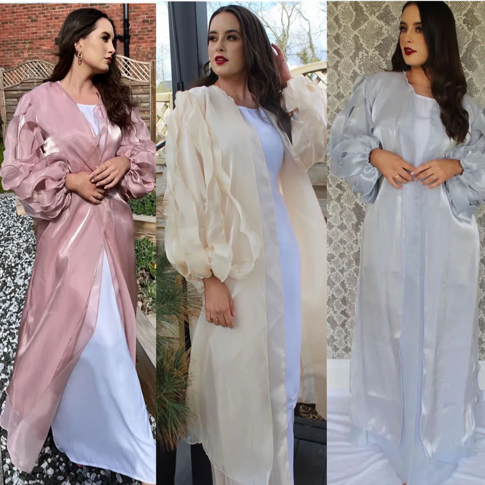 

Eid Kaftan Robe Satin Abaya Kimono Femme Musulmane Elegant Puff Petal Sleeve Muslim Hijab Dresses for Women Dubai Islamic Turkey