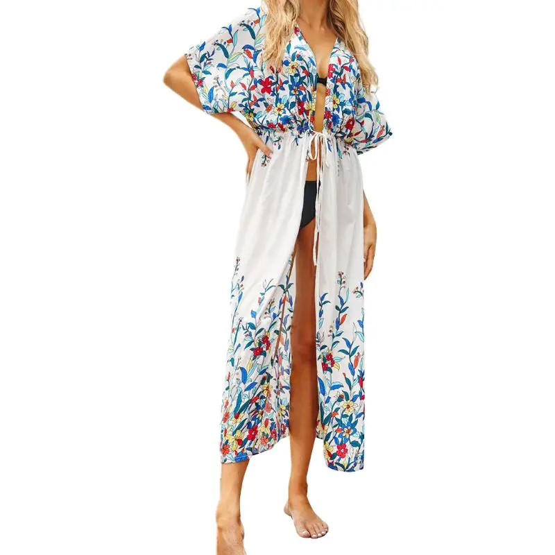 

Women Short Sleeve Maxi Long Cover Up Floral Print Beach Kimono Cardigan