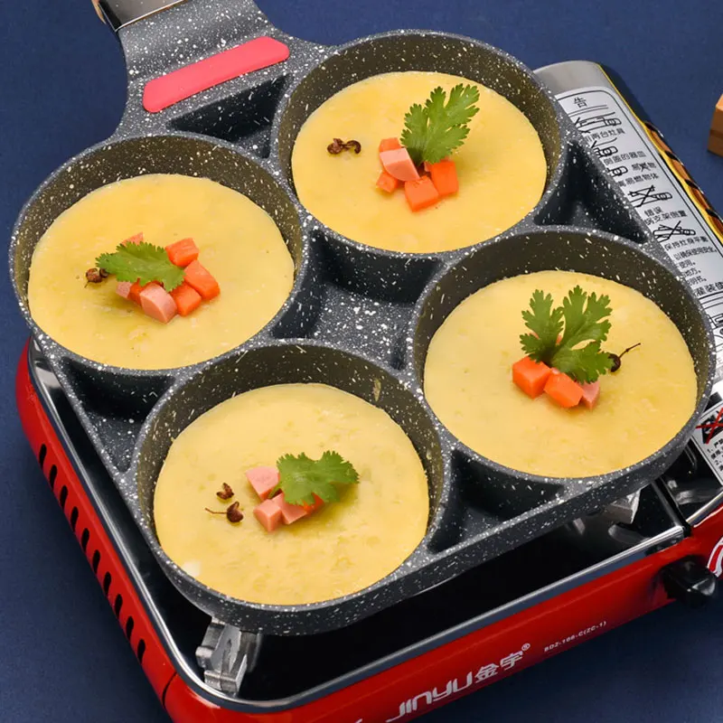 

4 Holes Egg Frying Pan Multifunction Hamburger Steak Non Stick Pan High Quality Wooden Handle Cooking Pan Cooking Utensils