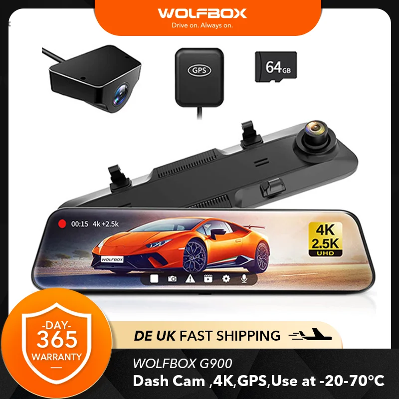 Автомобильный видеорегистратор Wolfbox G900, камера для приборной панели, 4K, 12 дюймов, IPS, с GPS, 24 часовым мониторингом парковки, черная коробка для автомобилей