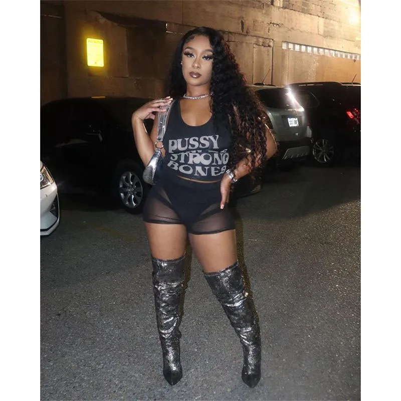 

Two Piece Sets Summer Sexy Punk Print Crop Top Mesh Sheer Shorts Set Tracksuits Women Vacation Club Outfits Streetwear Wholesale