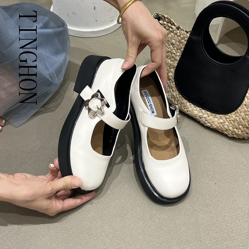 

TINGHON Korea Style Women Flat Women's Round Toe Retro Single Shoes Buckle Shallow Mouth Mary Jane Shoes Sandals 09