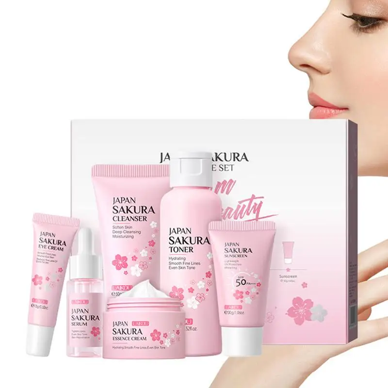 

6pcs Moisturizing Skin Care Set Brightening Sakura Skin Care Kit Toner Essence Eye Cream Face Cream Sunscreen Gift For Girls