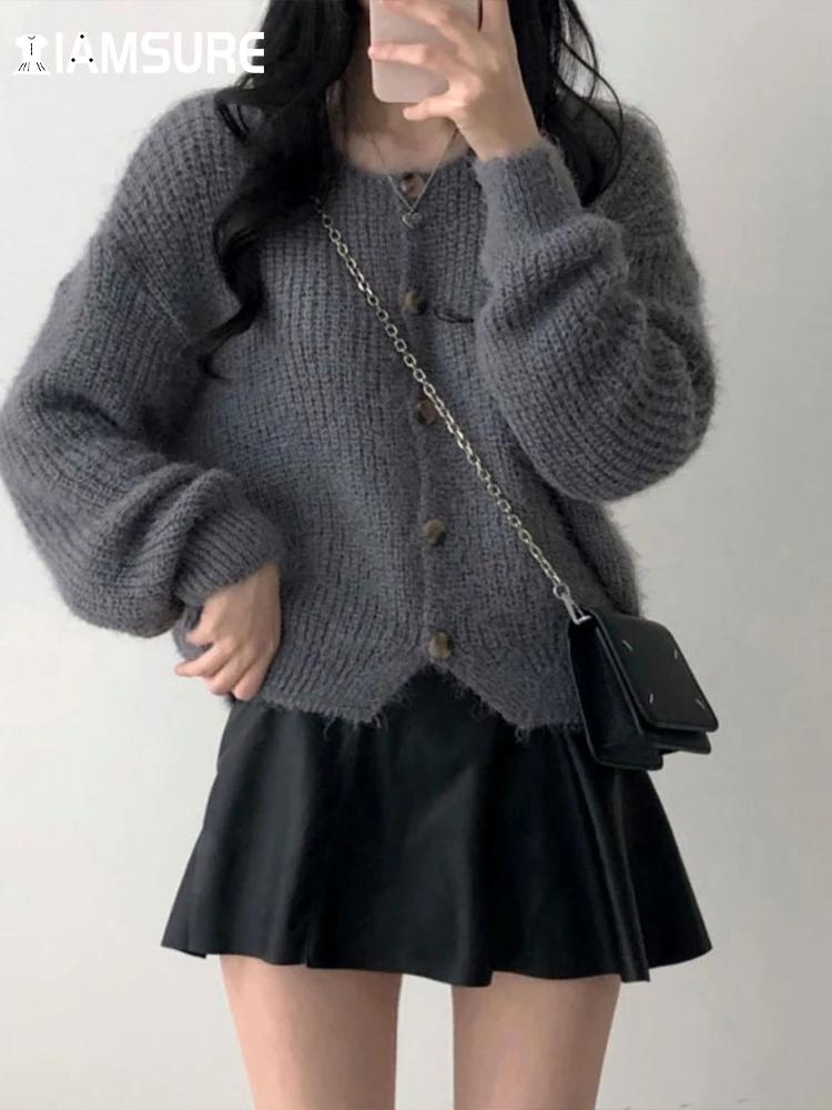 

IAMSURE Casual Streetwear Basic Knitted Cardigans Korean Style Basic Solid O-Neck Long Sleeve Sweaters Women 2022 Autumn Winter
