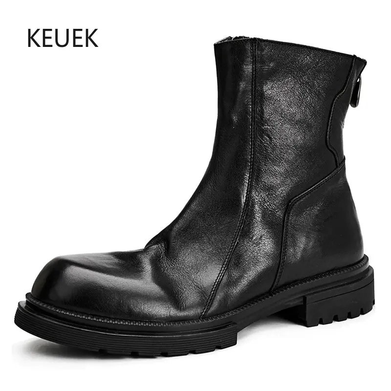 

New Black High Top Combat Motorcycle Chelsea Men Boots Genuine Leather Ankle Desert Work Casual Outdoor Shoes Male 5A