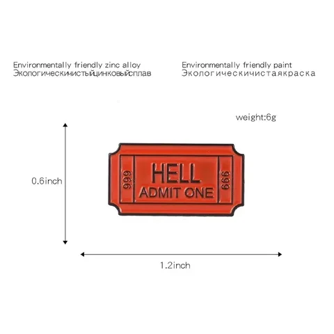 Эмалированные булавки на односторонний билет к аду HELL ADMIT ONE 666, брошь, значок, джинсы, булавки для лацканов, подарки, ювелирные изделия для друзей, оптовая продажа