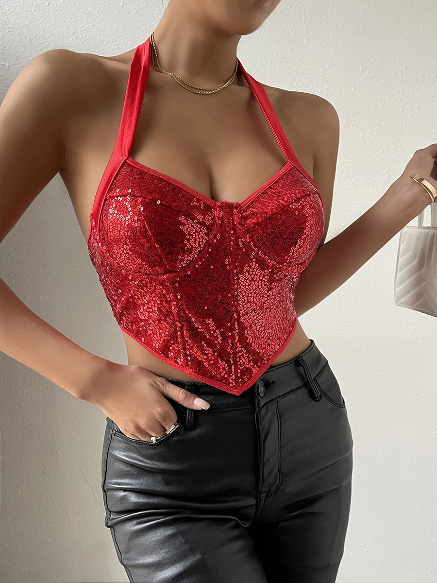 

Sexy Shiny Tanks Women Fashion Crop Tops Sequins Tie Up Halter Neck Backless Vests Summer Slim Fit Sleeveless Camis Streetwear