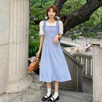 blue suspender dress womens summer 2022 new korean gentle style design sense of niche sweet medium length skirt
