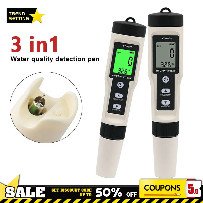 3 in 1 H2/TEMP/ORP Meter Hydrogen Ion Concentration Tester Digital Water Quality Tester Redox Monitor for Pool Aquarium