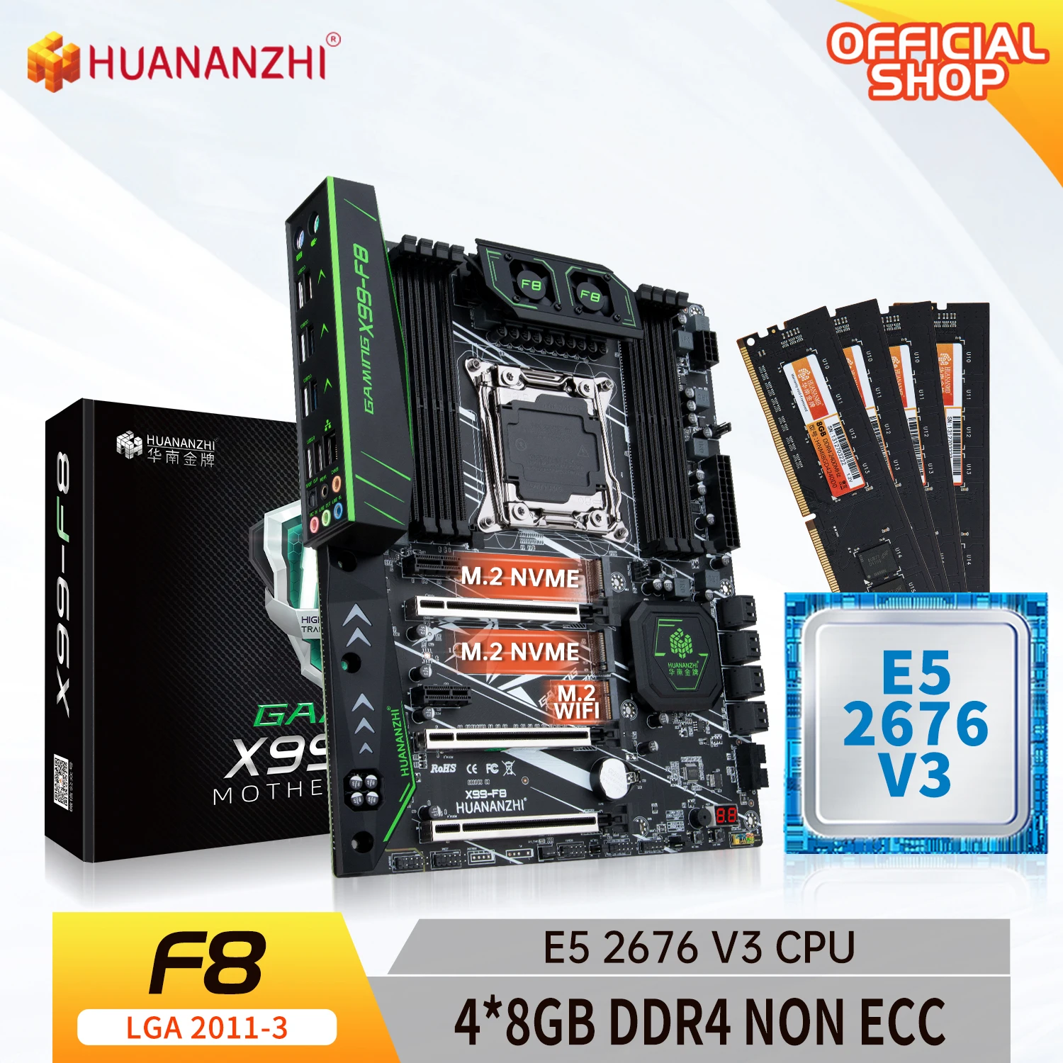 HUANANZHI-Combo de Placa Base X99 F8 X99 con Intel XEON E5 2678 v3, Kit de Tarjeta Madre con Memoria de 4x8G DDR4 Non-ECC, Conjunto de NVME SATA USB