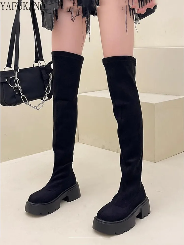 Сапоги женские замшевые на платформе повседневные эластичные сапоги выше колена