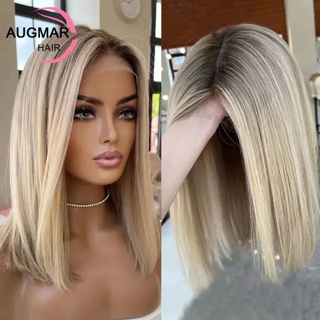 Short Ash Blonde 360 Lace Frontal Wig Brown Highlight Wig Human Hair 13x4 Straight Bob Wig Lace Front Human Hair Wigs For Women 1