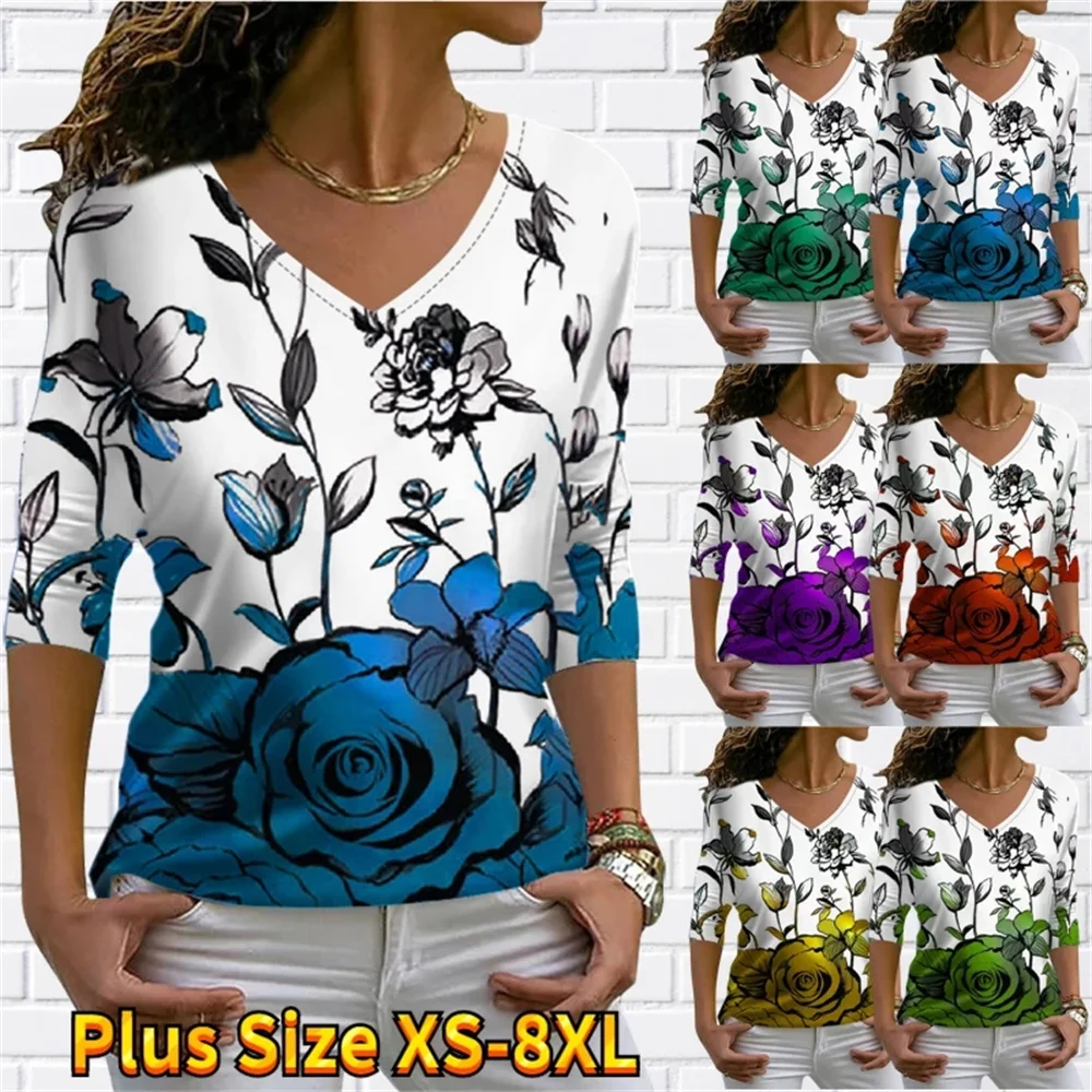 

Женская футболка с V-образным вырезом, длинным рукавом и цветочным принтом